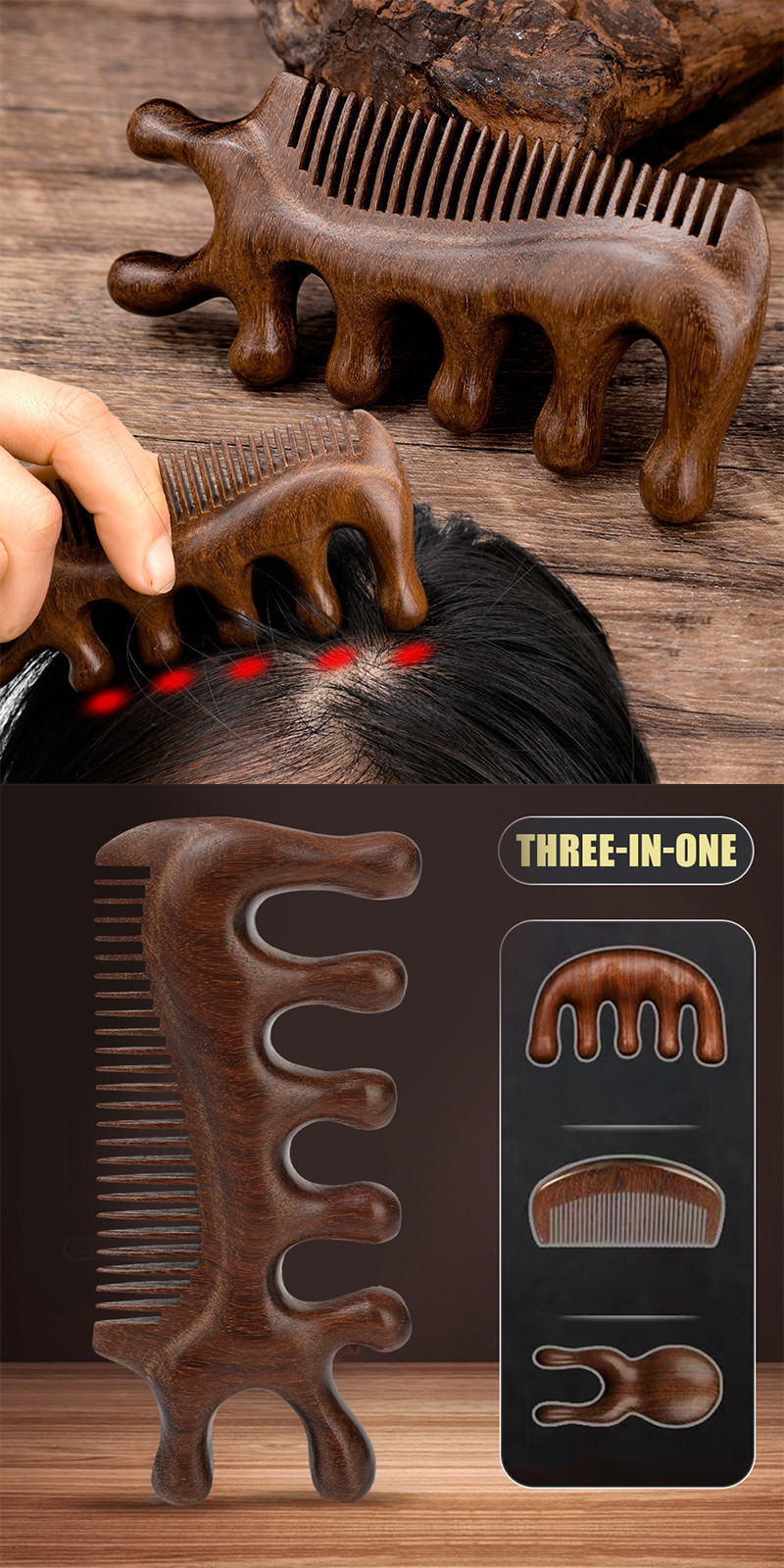 Wooden Scalp Massage Comb - Deer Antler Acupuncture Comb - Double-End ...