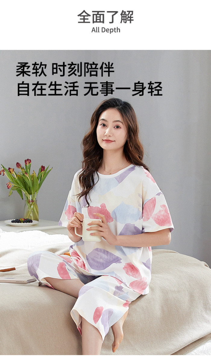 Padded Pyjamas Women Cotton Short Sleeve 3/4 Length Pajamas Set Summer ...