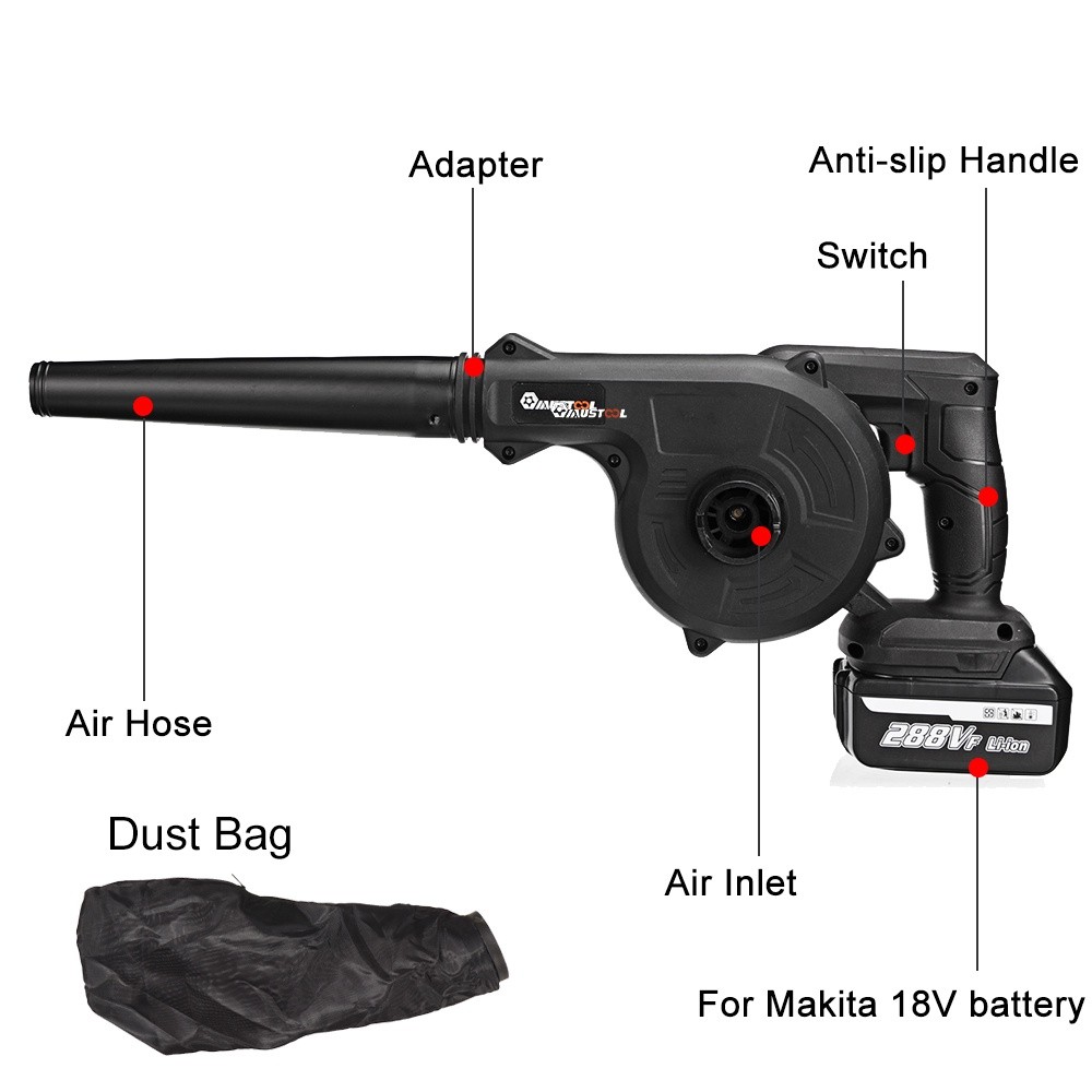 1500W 288VF Cordless Electric Air Blower Vacuum Blowing Suction Leaf PC ...