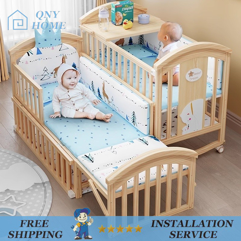 【Pre-sale 23days】Cot Multi Functional Solid Wood Crib Mobile Children ...