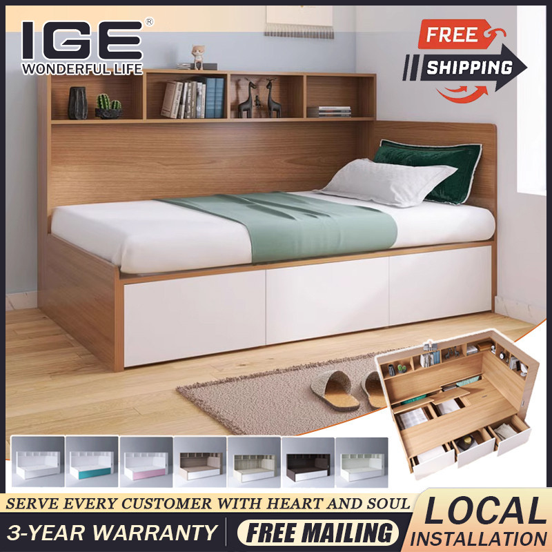 IGE Tatami Bed Frame Bookshelf Integrated Wall Cabinet Solid Wood High ...