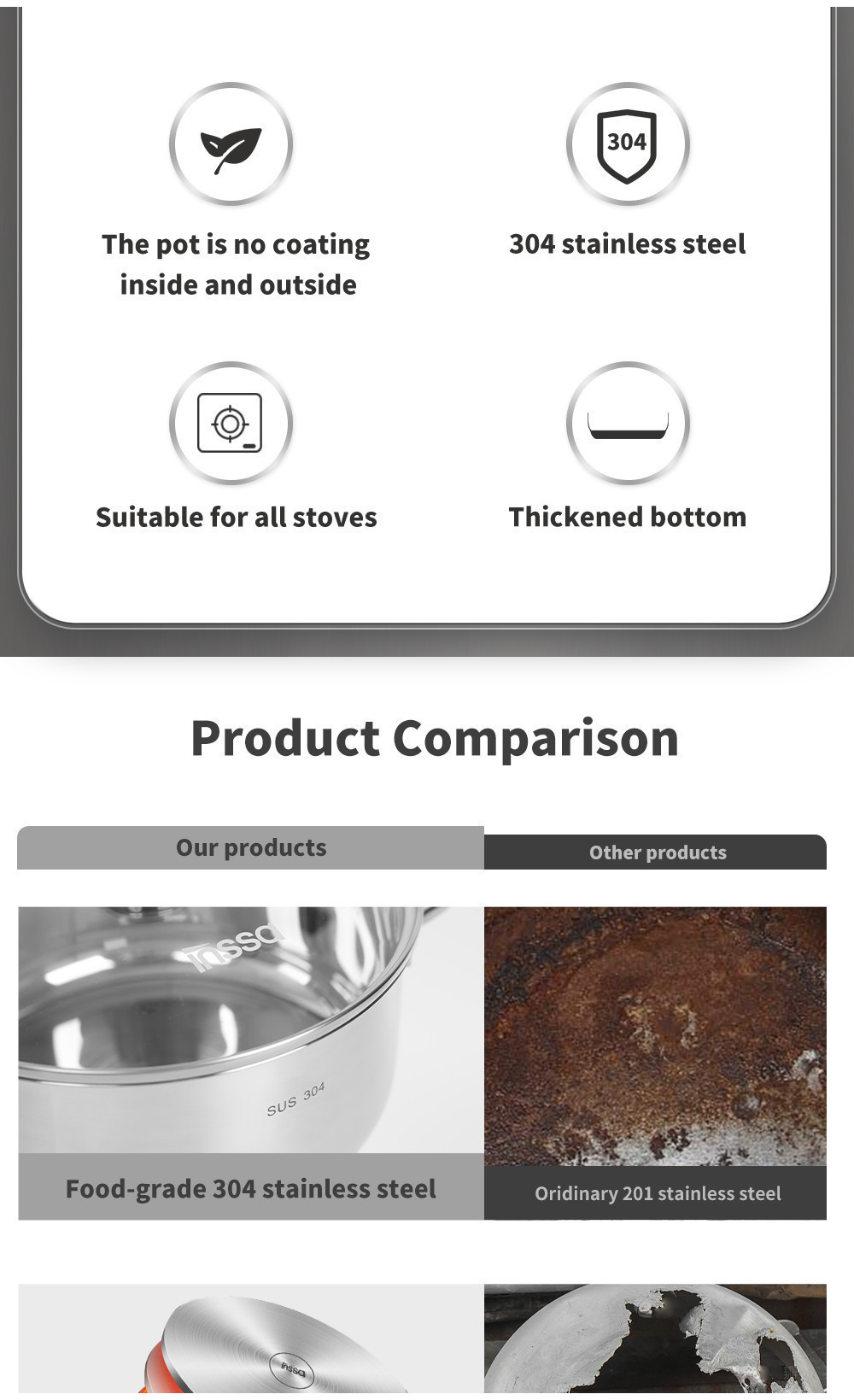 Inssa 304 Stainless Steel 6pcs Cookware Set丨16cm/20cm/24cm Soup Pots丨 ...