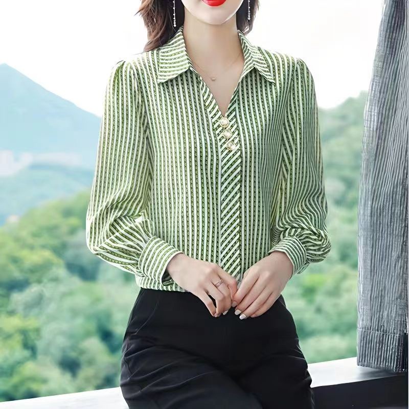 3 4 long sleeve formal white polo formal blouse for women plus size Chiffon Floral V neck Pullover Vertical Stripes S 5X