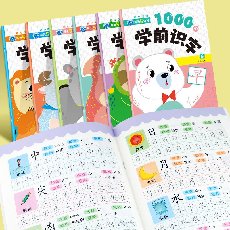 学前识字1000字 全6册 幼小衔接 由易到难 汉字描红本 练字本 学写字 识字书 Learn Chinese For Beginner ...