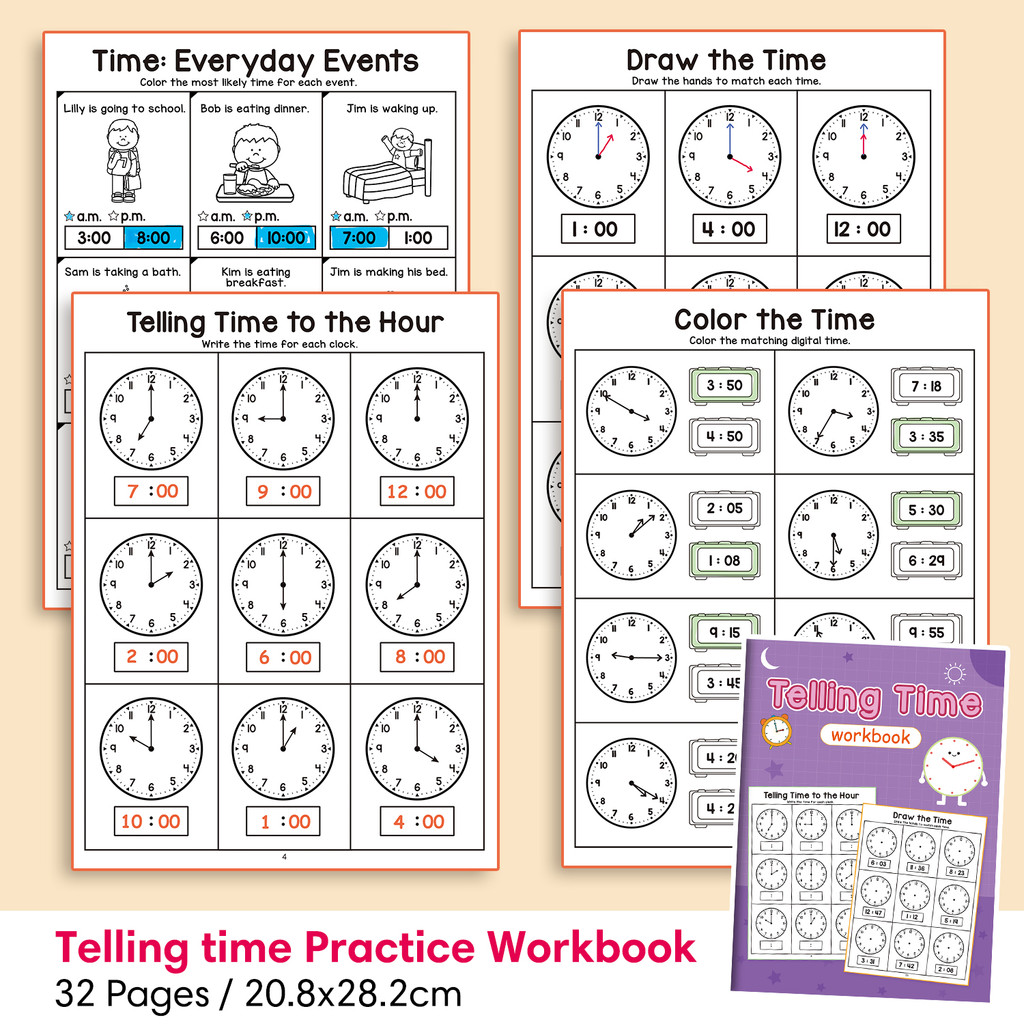32 Pages Telling Time Maths Workbook for Kids Write & Draw Minute Hand ...