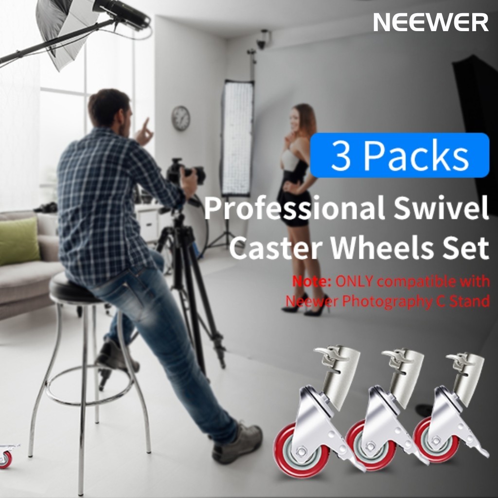NEEWER Swivel Caster Wheel Set – 3 Pack 360° Rotating Rubber Wheels With Foot Brake Lock, Fits 0.9