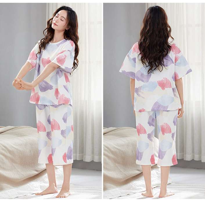 Padded Pyjamas Women Cotton Short Sleeve 3/4 Length Pajamas Set Summer ...