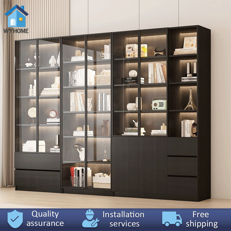 WY Home Bookshelf Study Storage Cabinet Solid Wood Bookcase With Glass ...