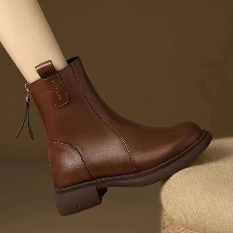 Women Boots British Style Autumn Winter New Soft Leather Short Boots Low Heeled Leather Zipper Shoes Shopee Singapore