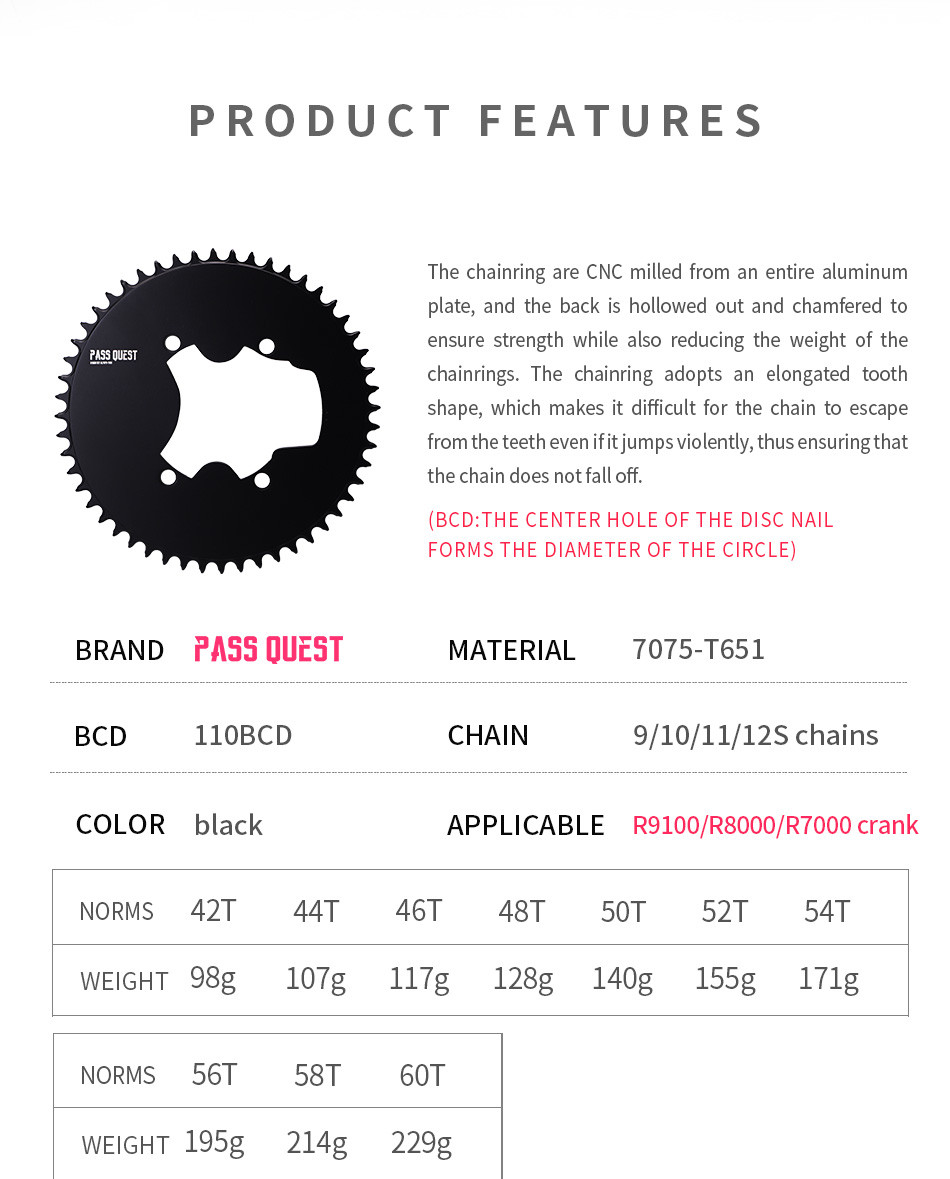 PASS QUEST Chainring for 105 R7000 Shimano Dura Ace R9100 Ultegra r8000 ...