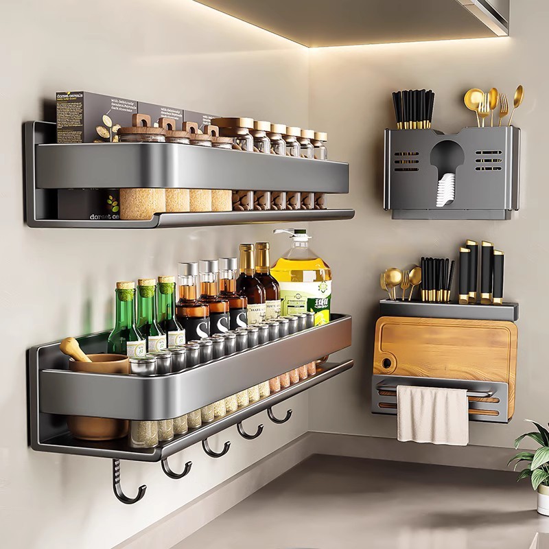 Kitchen Shelf Seasoning Rack Carbon Steel Perforation-Free Wall-Mounted ...