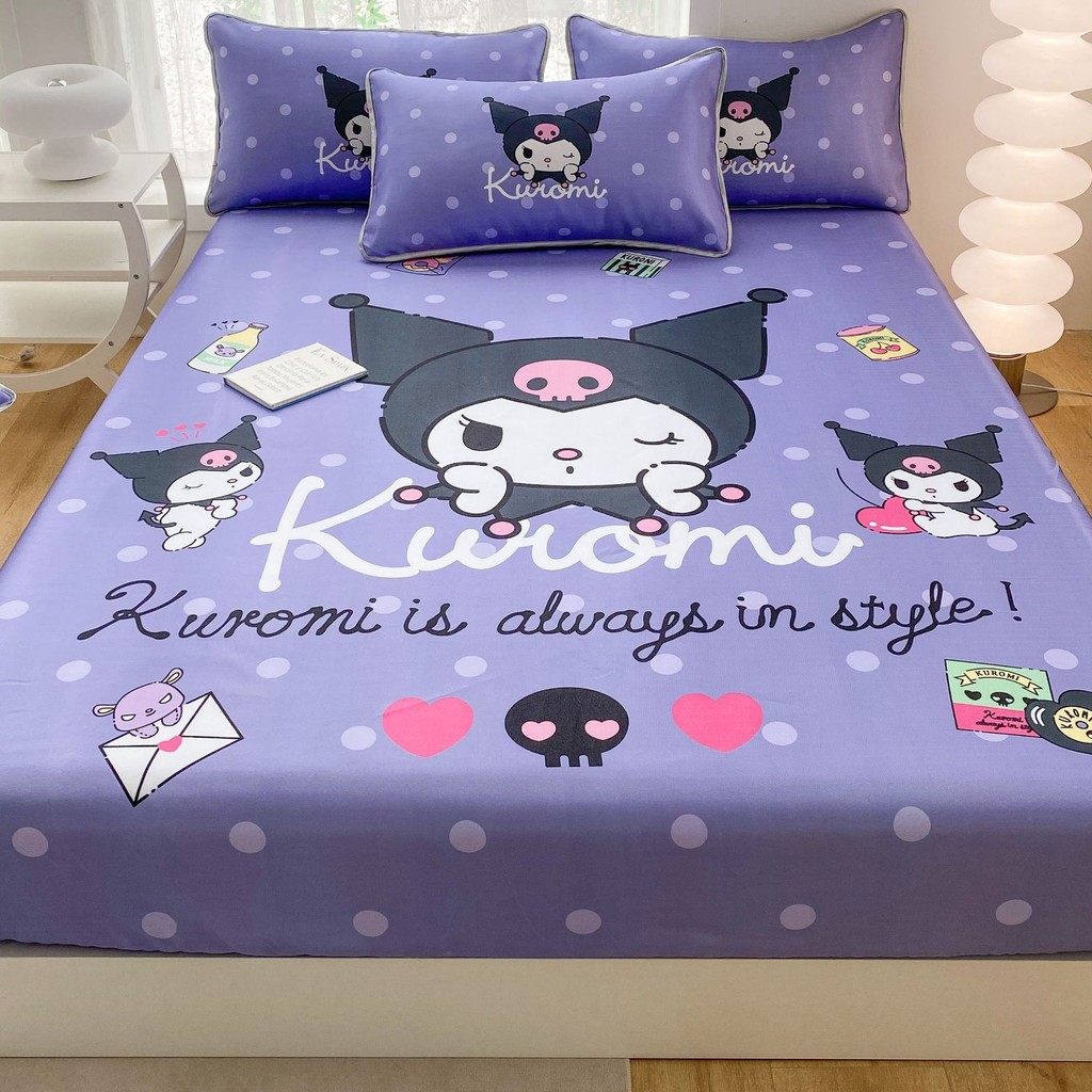 Kuromi Cinnamoroll Cooling Bed Cover Silk Fitted Sheet Machine Washable