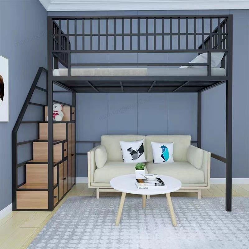 Loft Bed Iron Bed Frame Stair Storage Space Single Bed Apartment ...