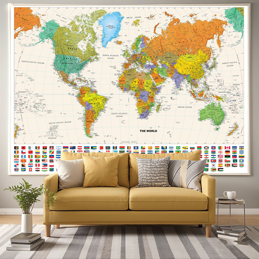 World Map-Countries with Cities,Unframed World Map,Wall Decor for ...