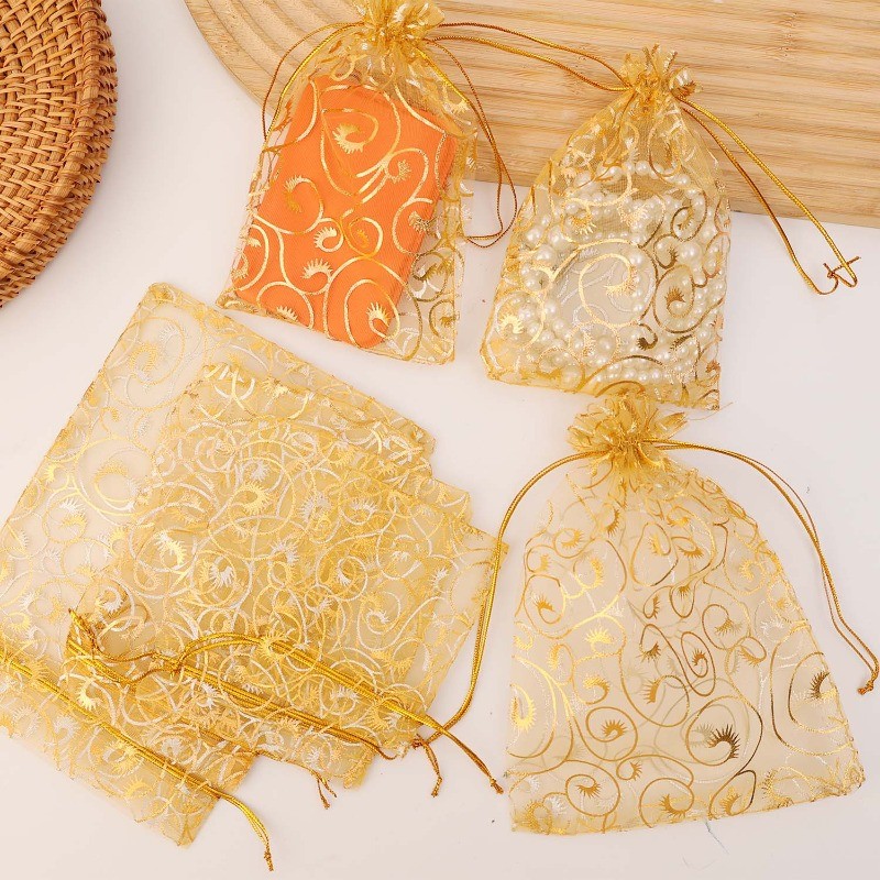 10/20/30Pcs Christmas Golden Mesh Drawstring Bag - Xmas Gift Candy ...