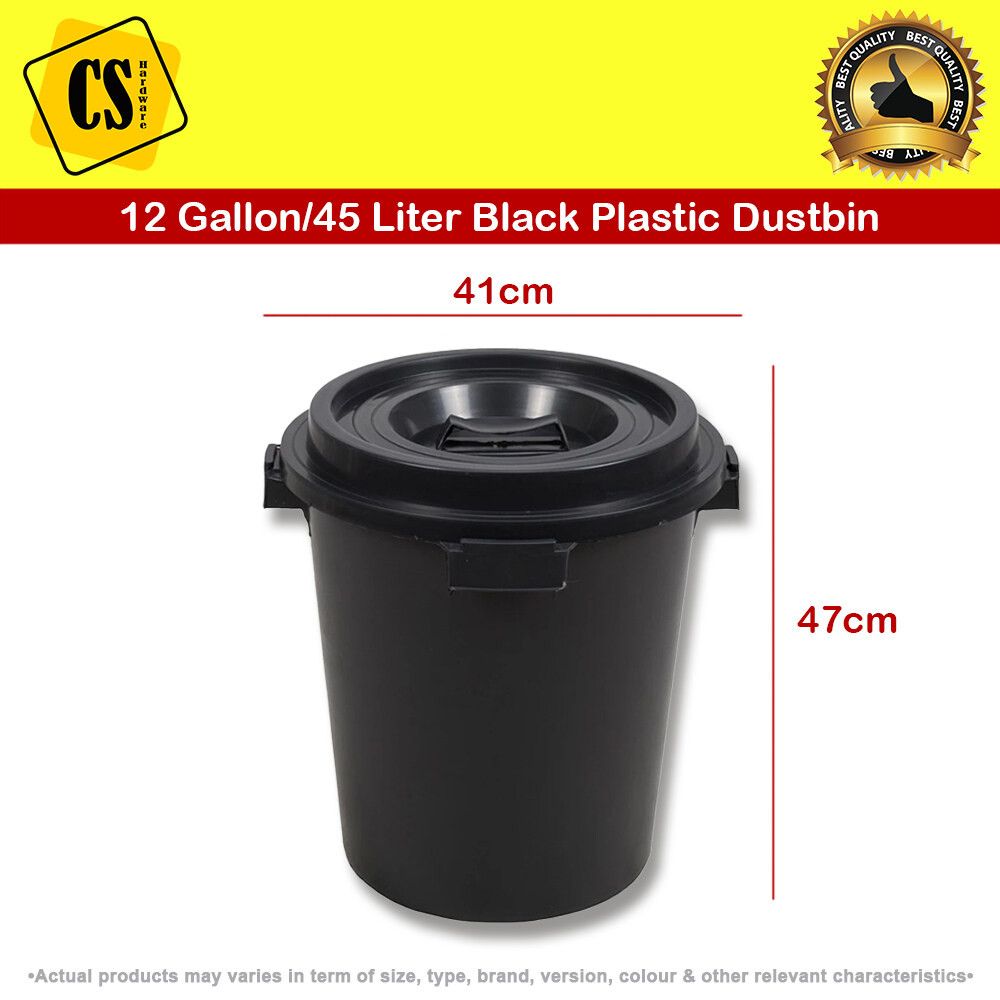 12 Gallon/45 Litres Black Plastic Dustbin With Cover Big Black Dustbin ...