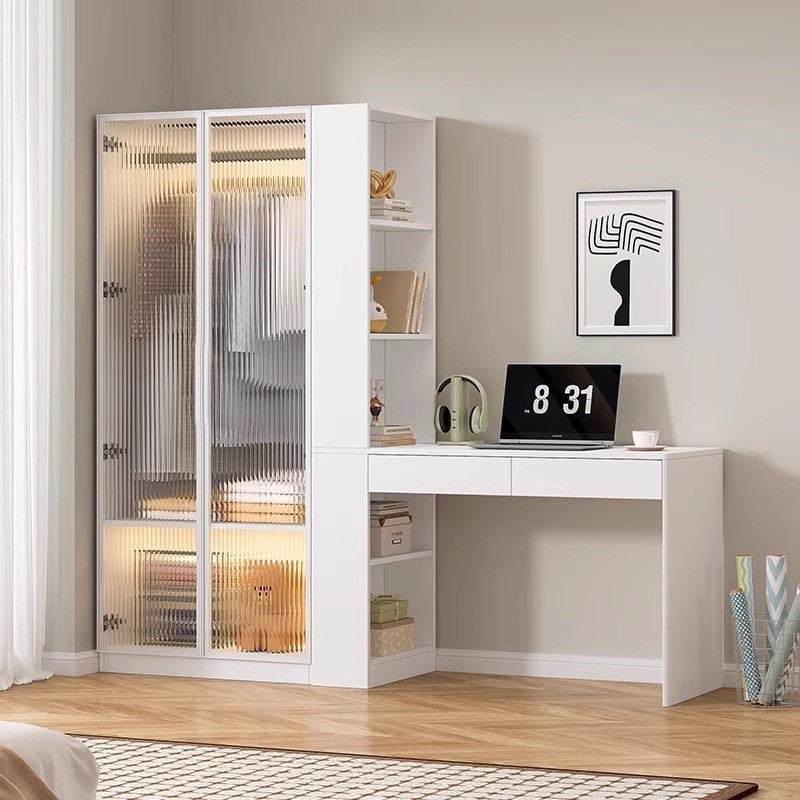 Wardrobe Cream Style Glass Door Wardrobe Desk Integrated Small Unit ...