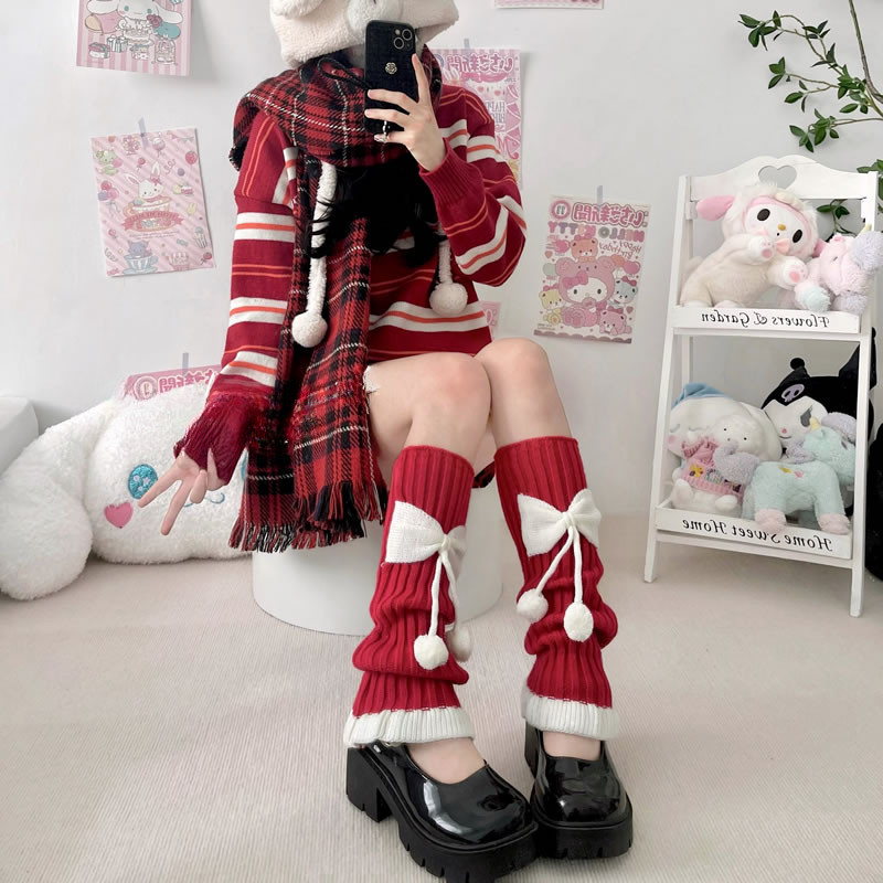 Harajuku Y2k Girls Cute Bow Plush Ball Leg Warmers Socks Japanese ...