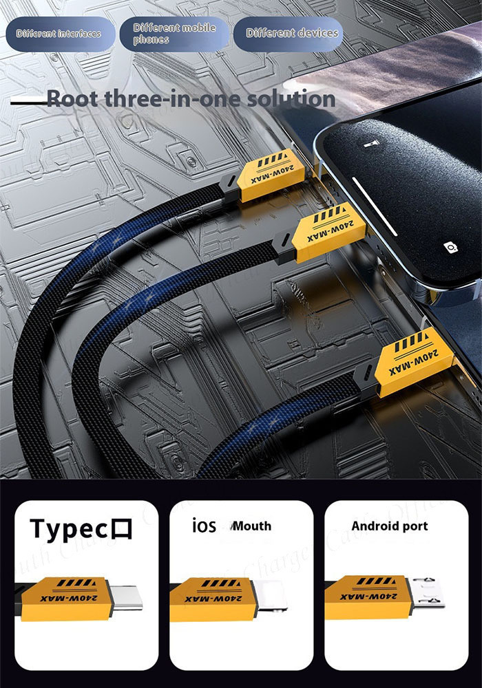 240W Super Fast Charging Data Cable 3-in-1 USB to ios/Type C/Micro ...