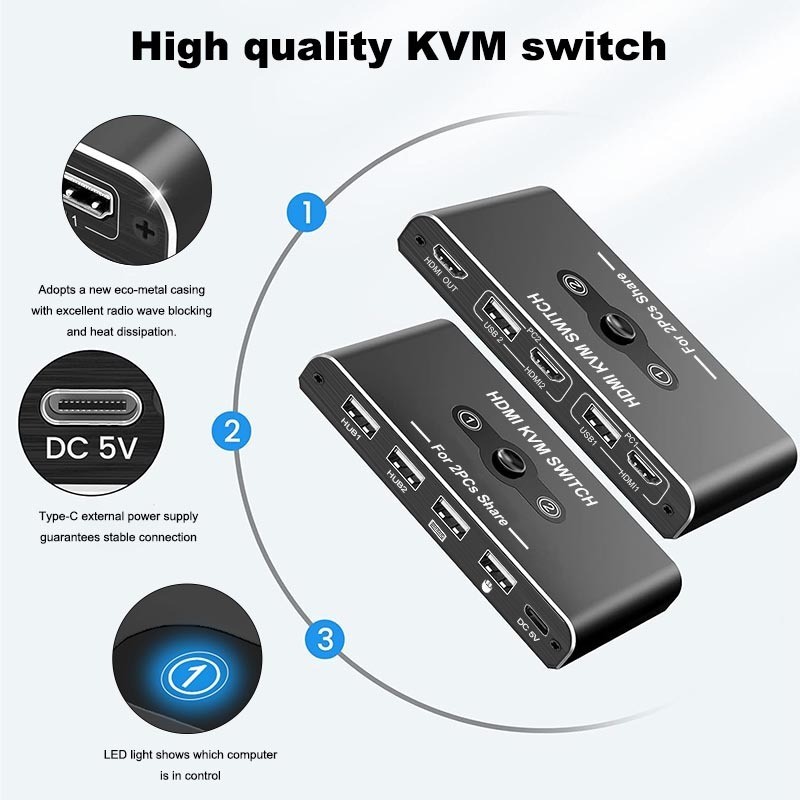 HDMI 2.0 KVM Switcher USB2.0/3.0 HDIM 2 input 1 Output 4K 60Hz 2PC ...