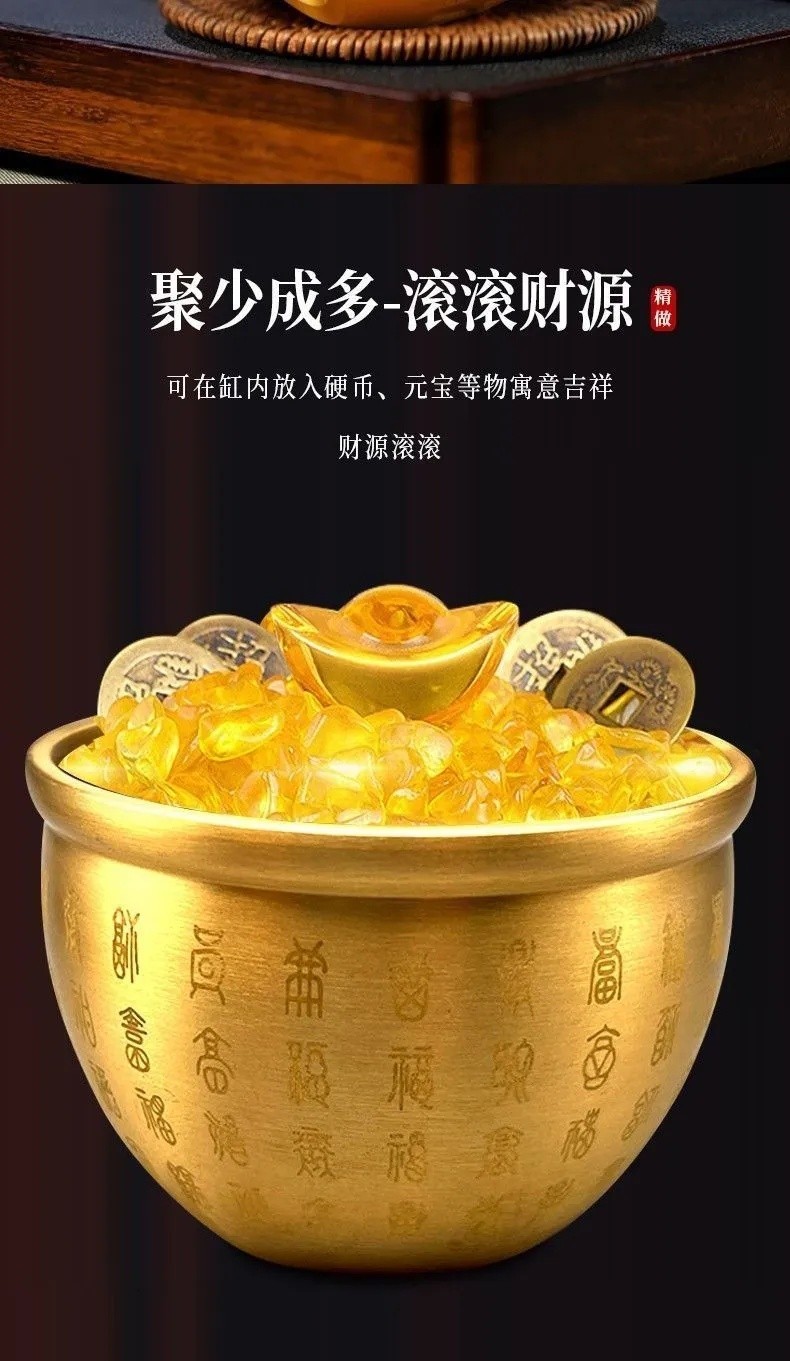 黄铜招财聚宝盆 招财进宝百福缸摆件 纯铜米缸 大笔进财聚宝瓮 人财两旺聚宝盆 小铜杯 招财小物 神明供杯 玄关聚宝瓮/Brass ...
