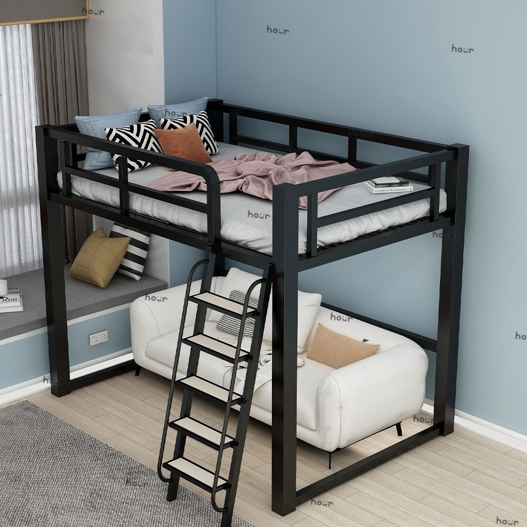 QSJJ Iron Elevated Bed Sheet Upper Duplex Second Floor Bed Space Saving ...