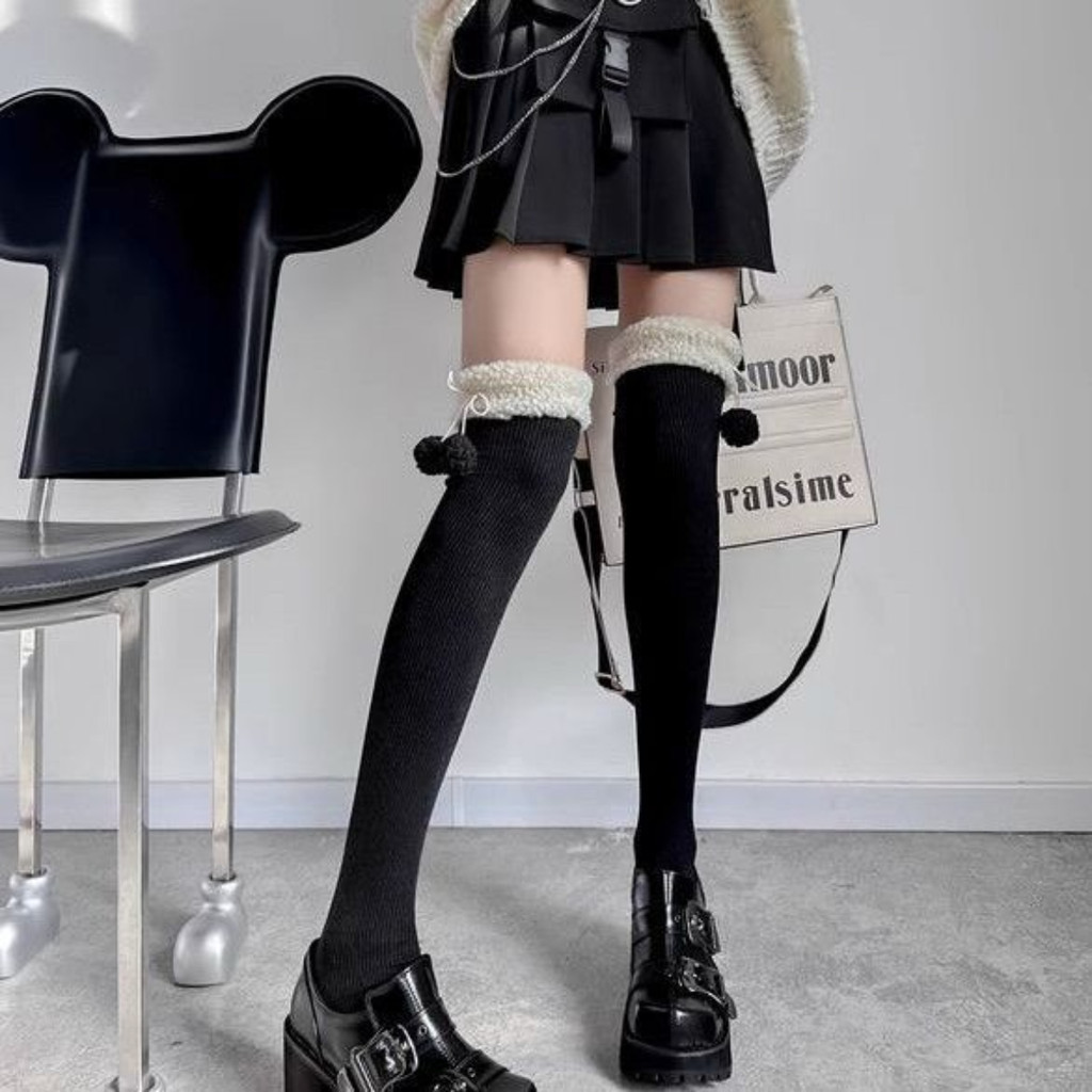 Lamb Wool Knee High Socks Autumn Winter Wool Balls Cute Warm Looped ...