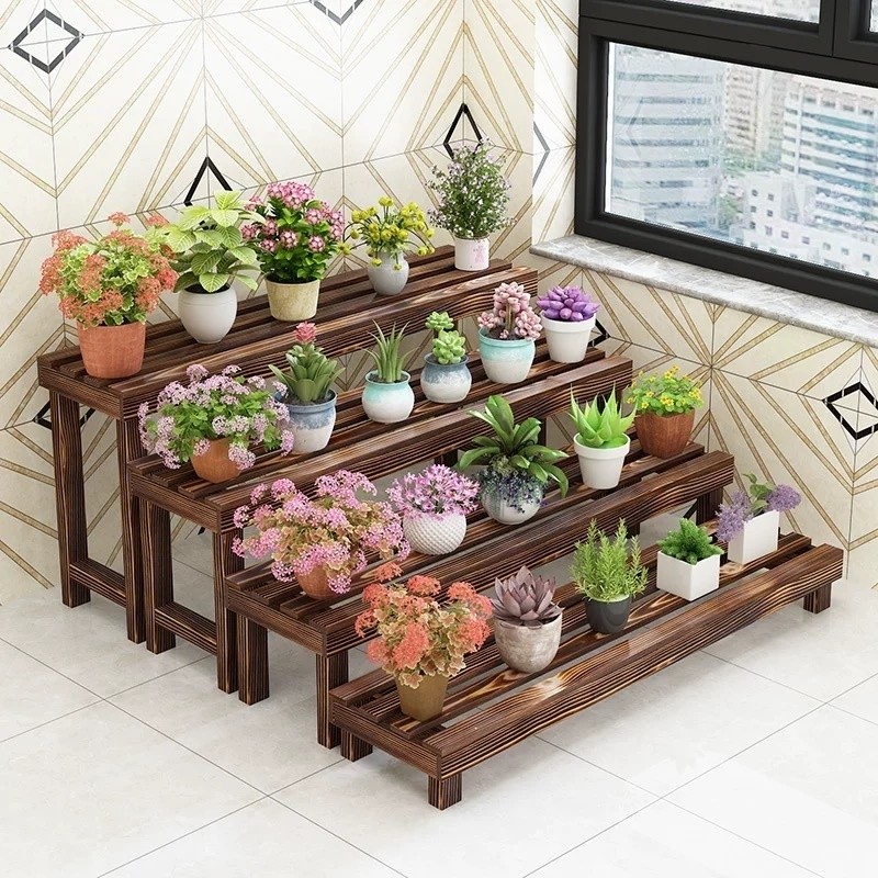 Plant Rack Flower Stand Storage Rack Solid Wood Carbonization Staircase ...