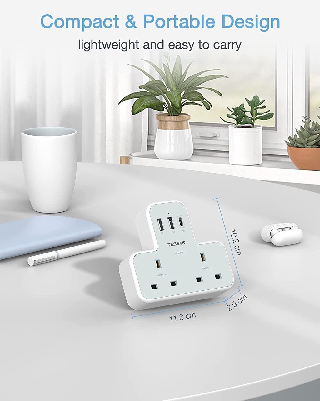 TESSAN Extension Plug with USB+Type C,Vertical Multi Plug USB Charger ...