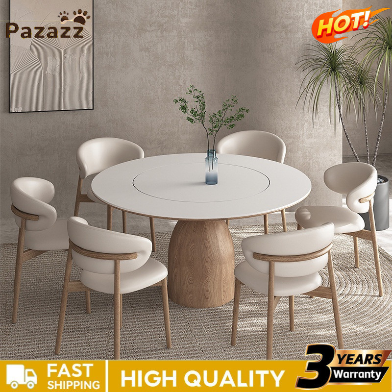 White Round Dining Table Set with Turntable Chair Cream Style Solid ...