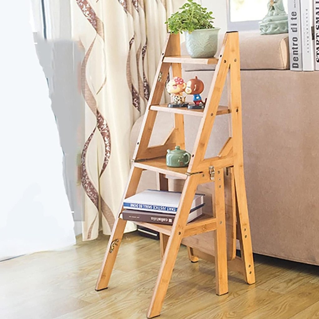 4-Step Library Chair Ladder Solid Folding Ladder Chair Wood Stool ...