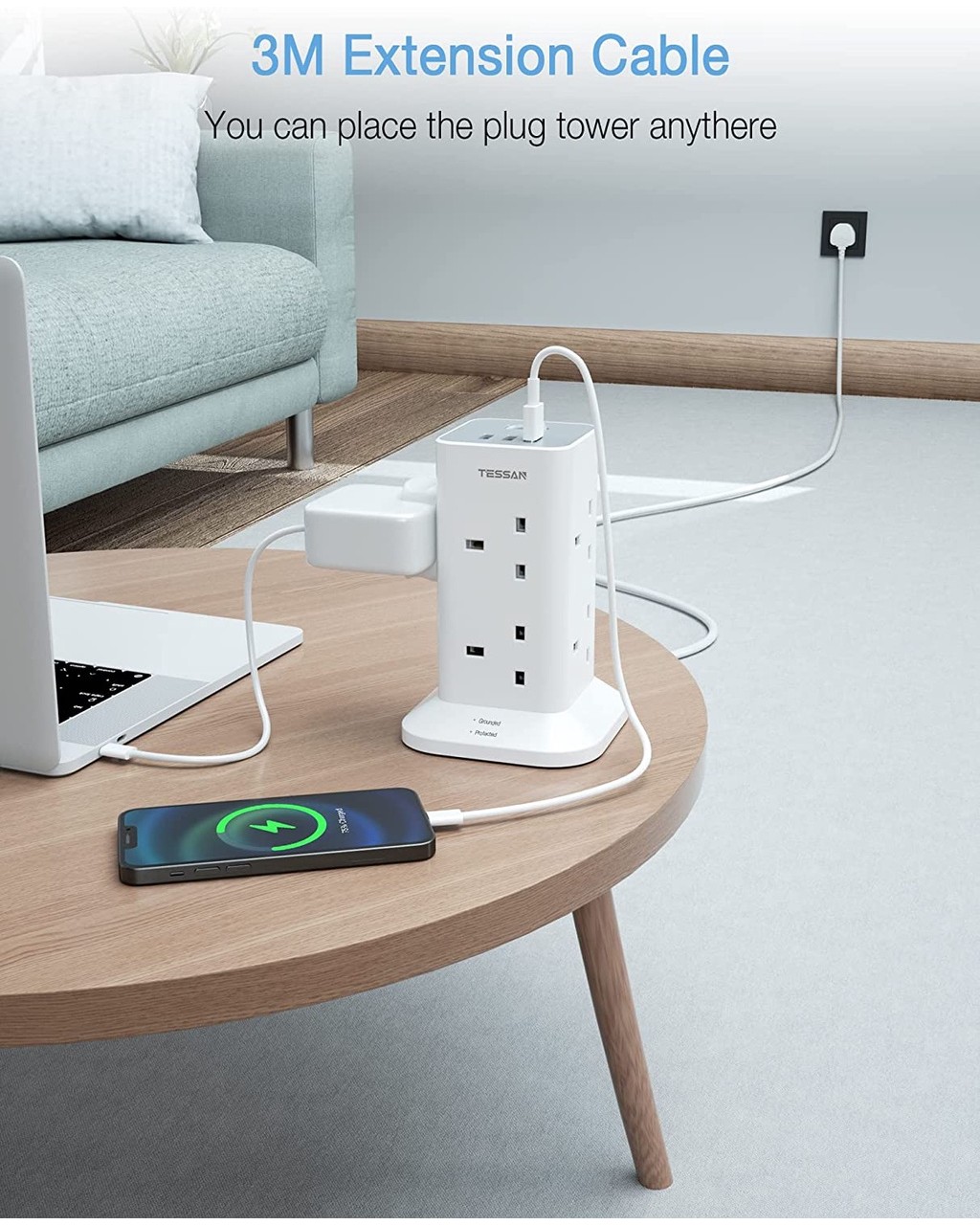 TESSAN Tower Extension Socket with USB+Type C,Surge Protector Multi ...