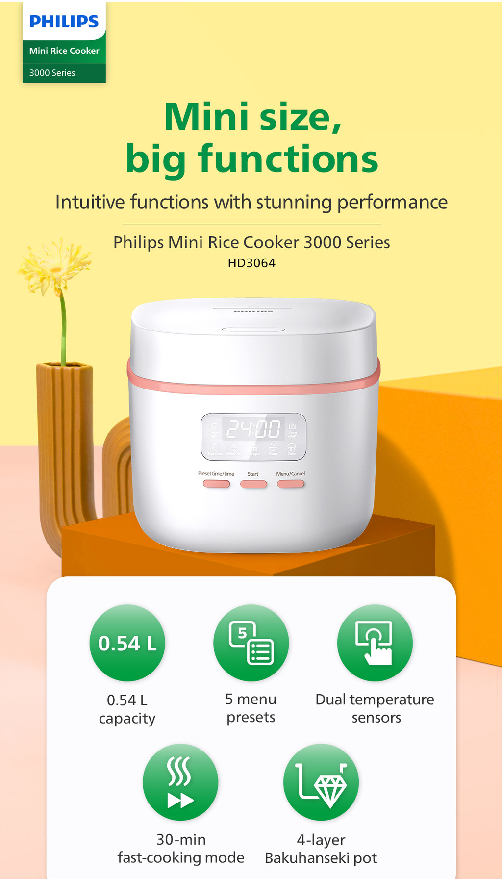 Philips Rice Cooker 3000 Series Mini Rice Cooker 0.54L HD3064/62 ...