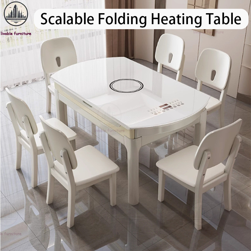 BBH Small Apartment Solid Wood Folding Retractable Round Table Cream ...