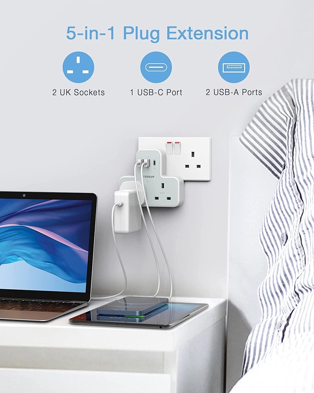 TESSAN Extension Plug with USB+Type C,Vertical Multi Plug USB Charger ...