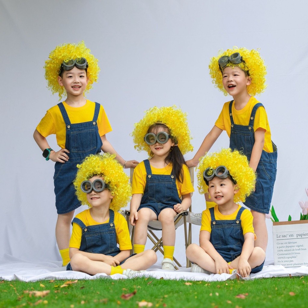 Minion Costume for Kids Boy Yellow Tshirt Denim Strap Pants Wig
