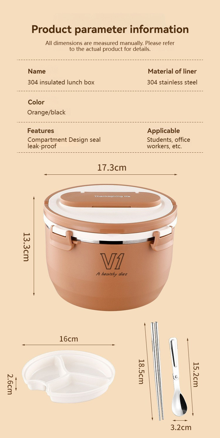 304 Stainless Steel Thermal Lunch Box Insulated Food Container Portable ...