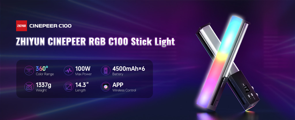 ZHIYUN CINEPEER C100 100W RGB Stick Light LED APP Control Video Light ...