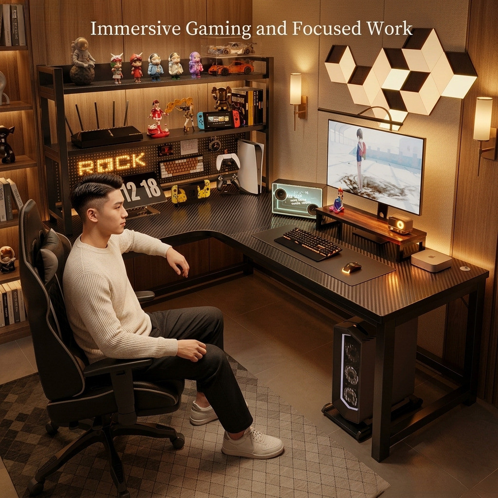 L-Shaped Gaming Desk with Bookshelf Corner Computer Table Integrated ...