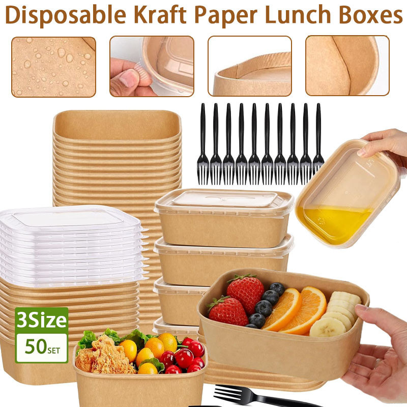 Disposable Lunch Box 100pcs Kraft Paper Lunch Box With Lid Disposable ...