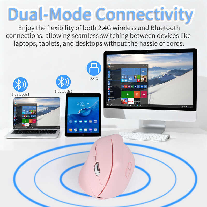 Ergonomic Vertical Wireless Mouse - 2.4G/Bluetooth, Rechargeable, RGB Light, 4 DPI Levels(white)