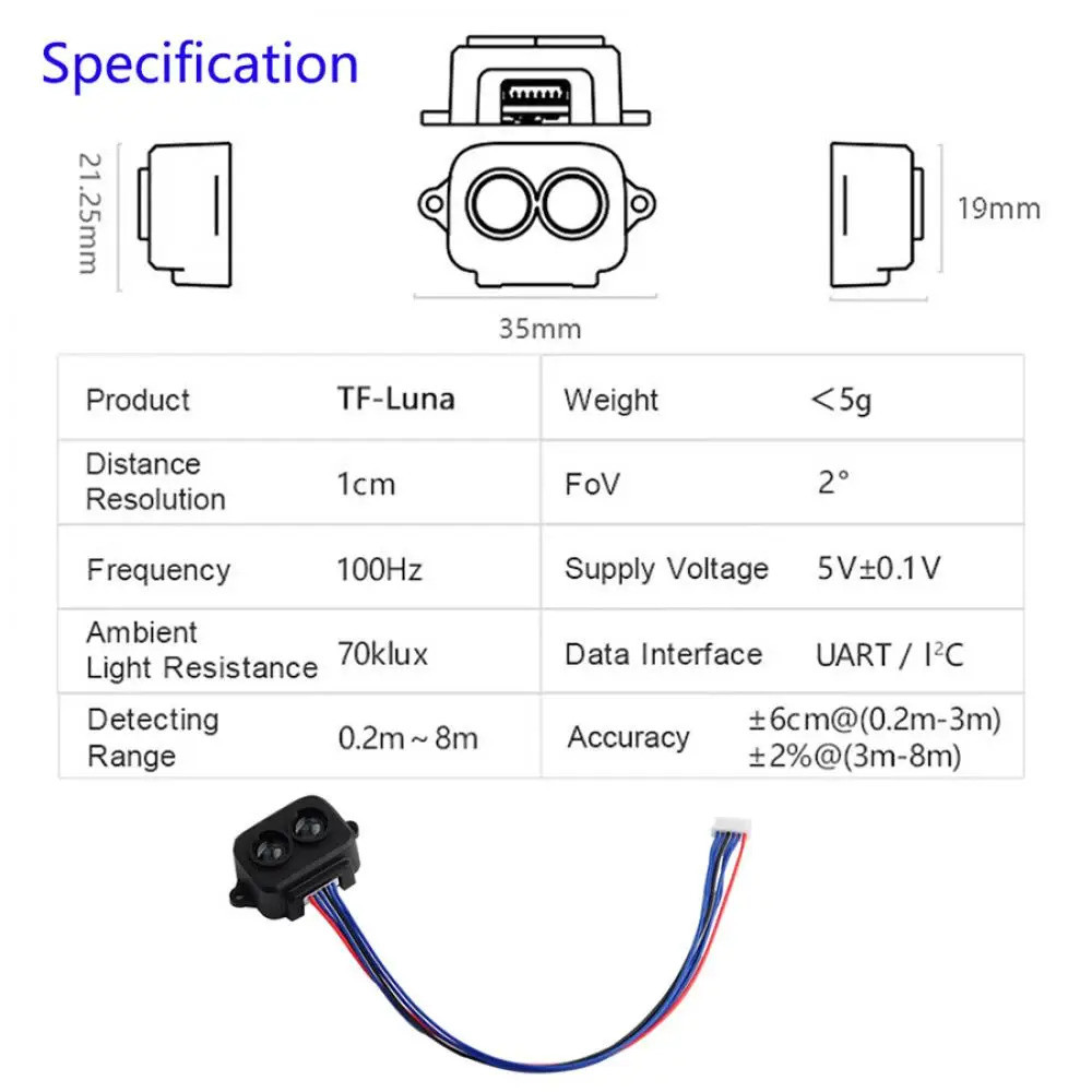 TF-Luna Lidar Ranging Sensor Module ToF Laser Range Finder Single-Point ...