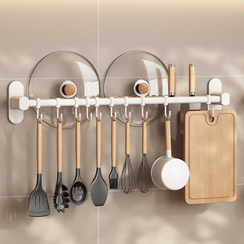 White Kitchen Hook Rack Perforation-Free Double-Rod Knife Rack Pot ...