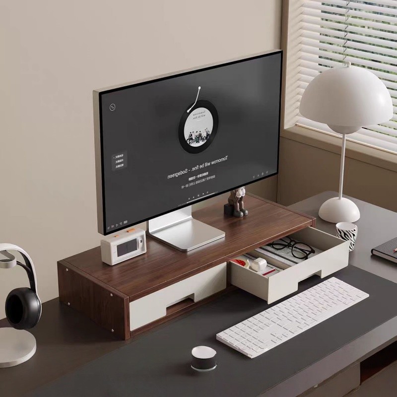 Wooden Computer Monitor Stand with Keyboard Storage Drawer - Stable and ...