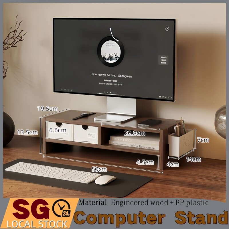 Wooden Computer Monitor Stand with Keyboard Storage Drawer - Stable and ...