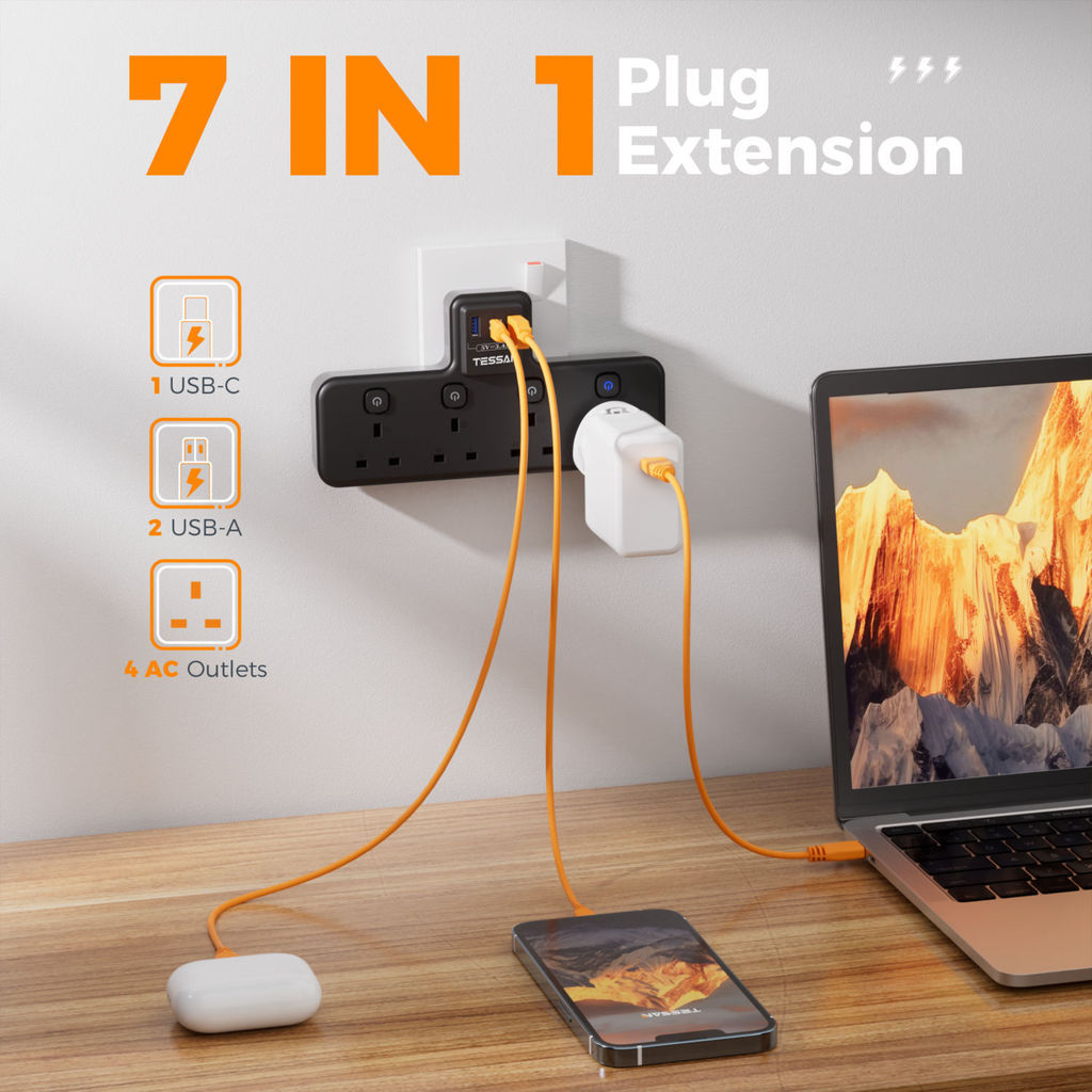 TESSAN Multi Plug Adapter Extension Plug with Type C USB C Hub ...