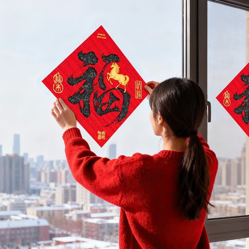 2026 Chinese New Year “Fu” Character Stickers Horse Year Flocked Fabric ...
