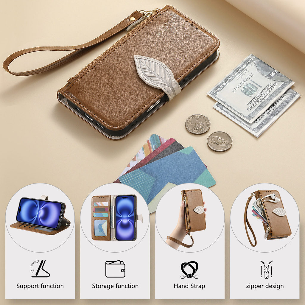 Flip Leather Case with Wrist Strap Shockproof Anti Drop Pure Color ...