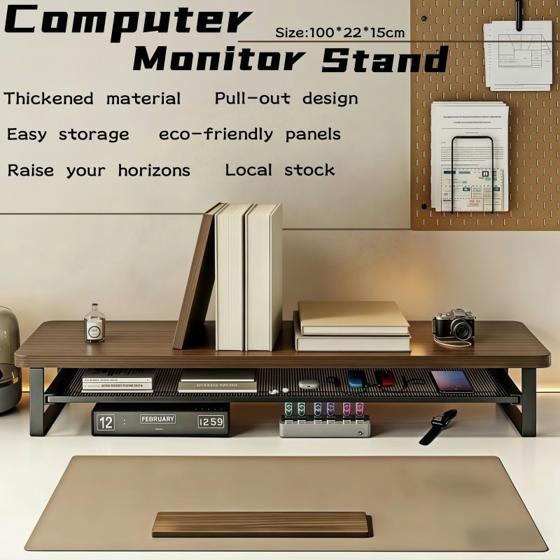 Walnut Color Monitor Stand with Storage Shelf - Stable Support for ...