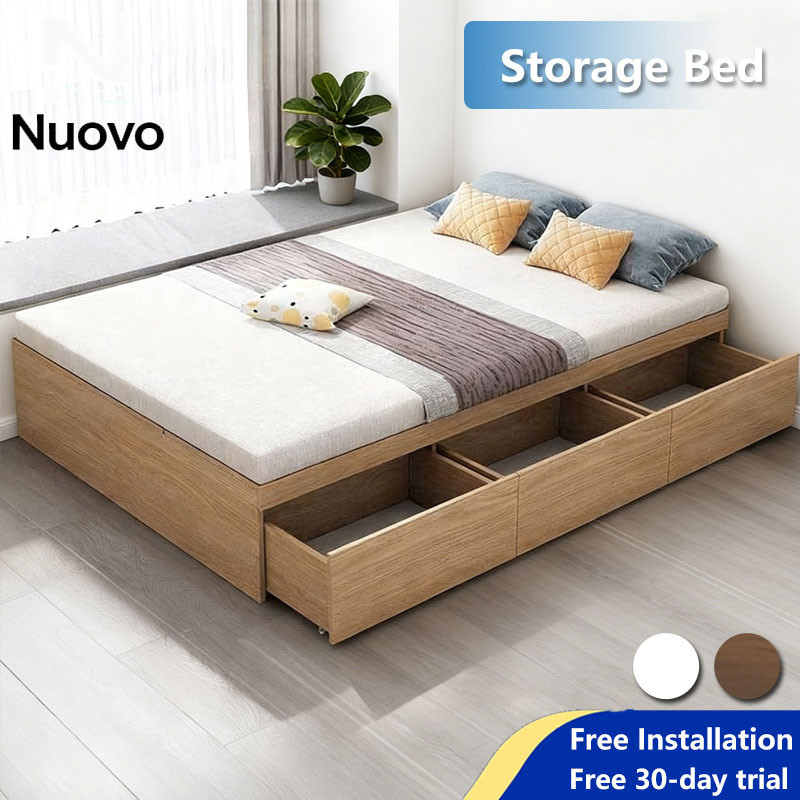 【Free Installation】HDB Solid Wood Storage Bed | Super Single/Queen/King ...